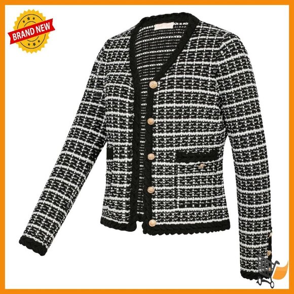 Sweaters - Tweed Cardigan Blazer V-Neck Button Front Pockets Fall Winter Spring